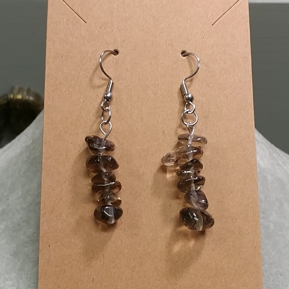 Smoky Quartz Earrings Natural Gemstone Crystal Bead Surgical Stainless-Steel - Picture 4 of 11